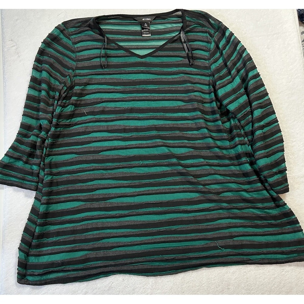 Ali Miles Womens Size XL Green Black Velvet 3/4 Sleeve Striped Top (T1)
